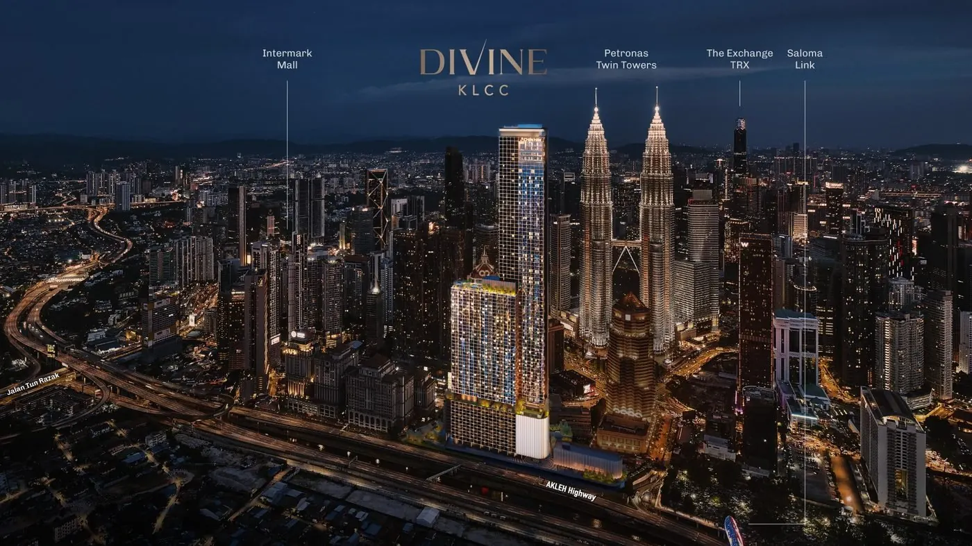 Divine KLCC location aerial view with landmarks