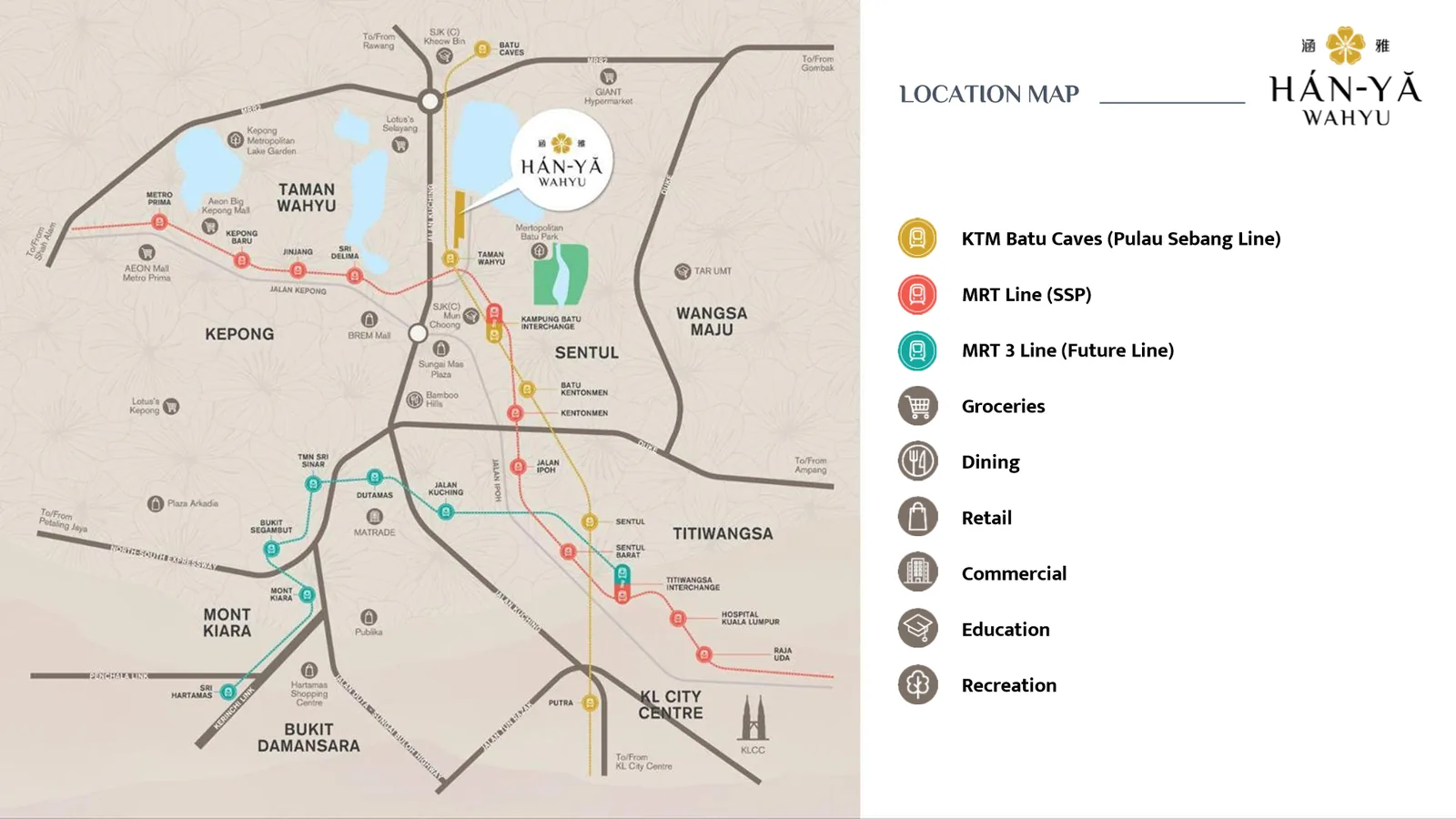 Hanya Wahyu official location map — KTM Batu Caves line, MRT SSP line and future MRT3 corridor